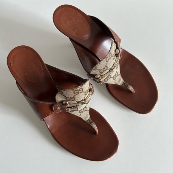 Gucci Horsebit Brown Leather and GG Canvas Slide Sandals Size 8.5B - Picture 3 of 10